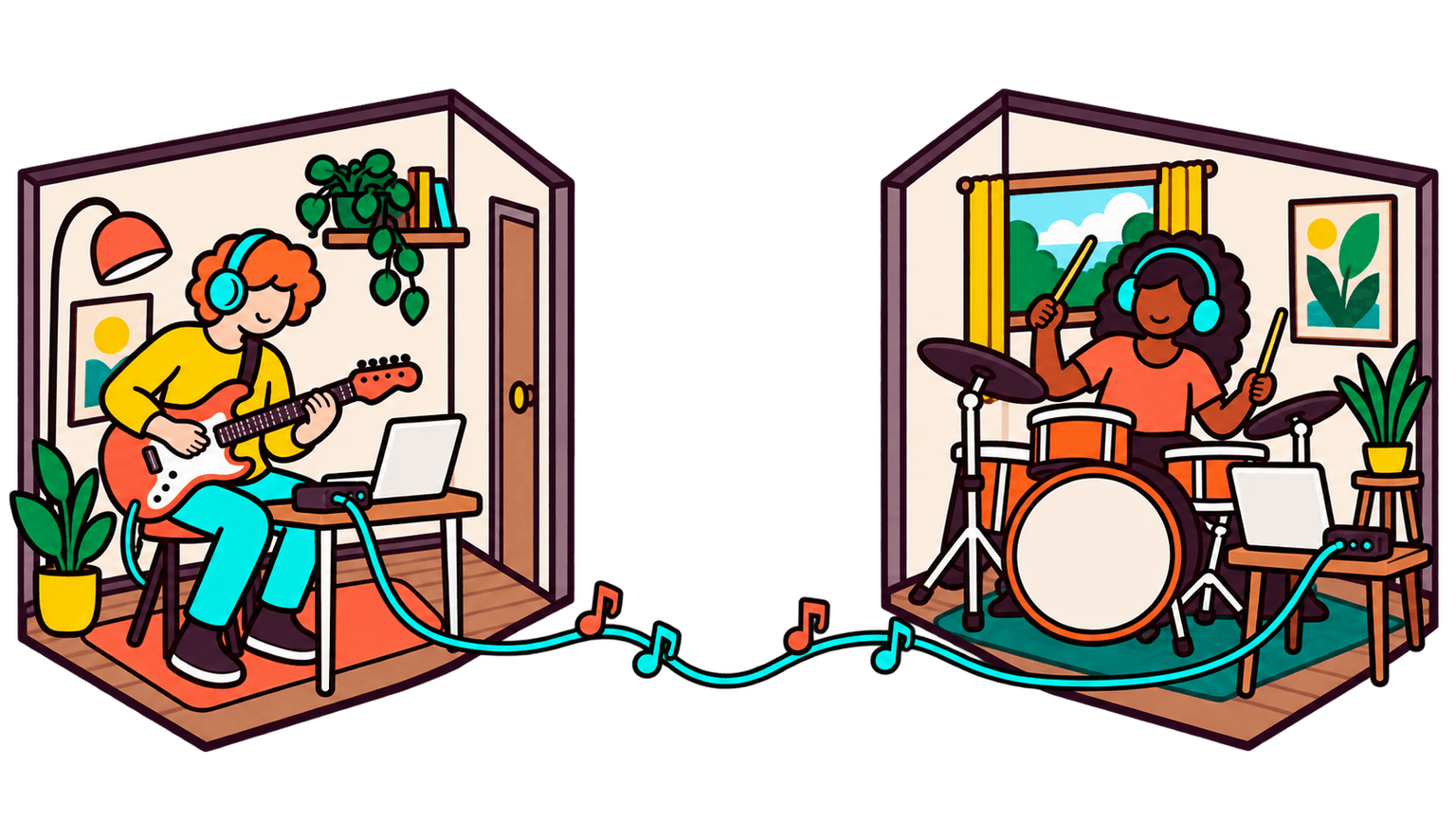 Deux musiciens répètent à distance depuis leurs pièces respectives, reliés par leurs ordinateurs.