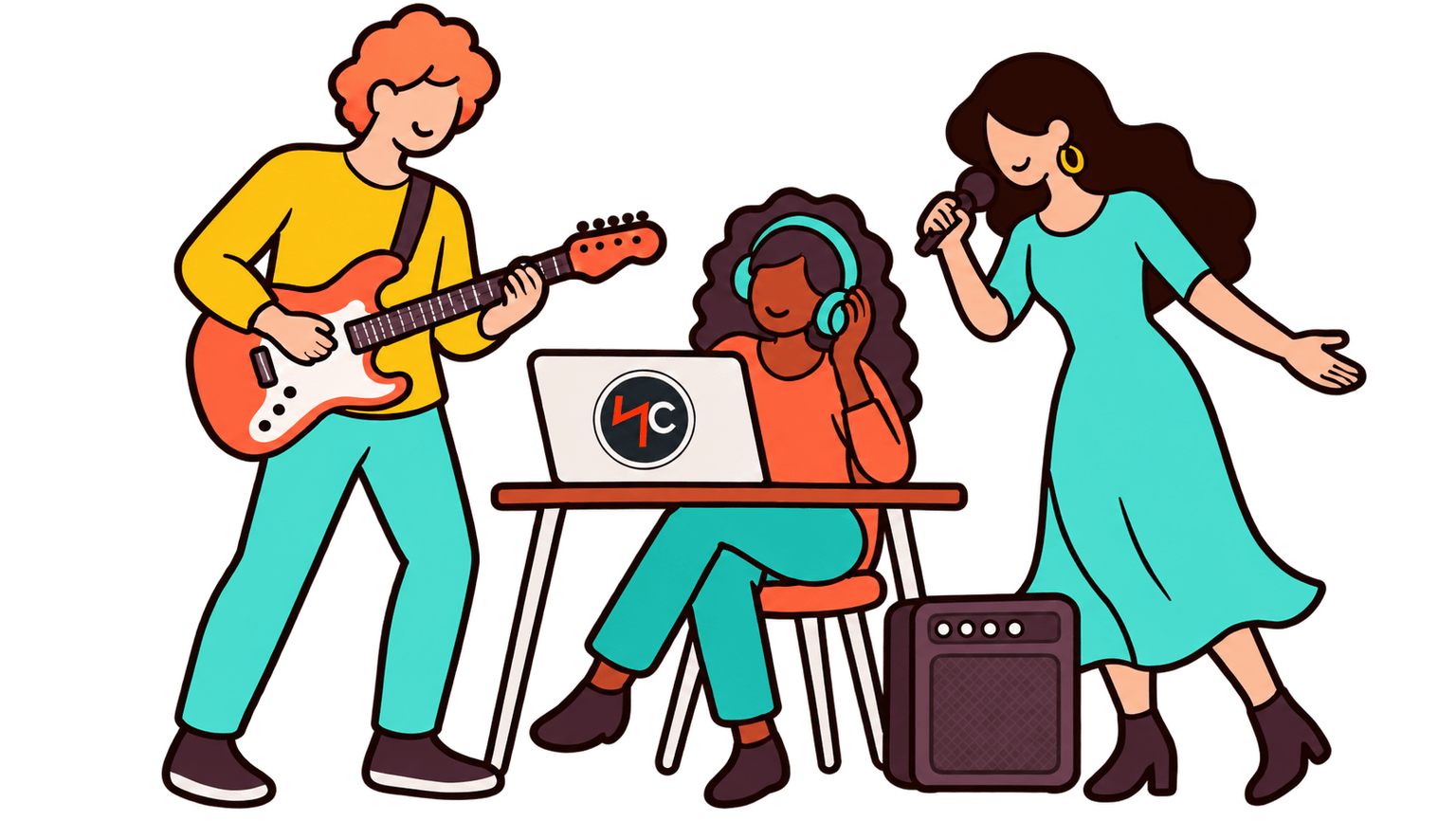 Trois musiciens réunis autour d'un ordinateur pour choisir leur offre NuCorder
