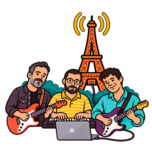 Les trois fondateurs de NuCorder jouent deux guitares et un piano autour d’un ordinateur relié à la tour Eiffel