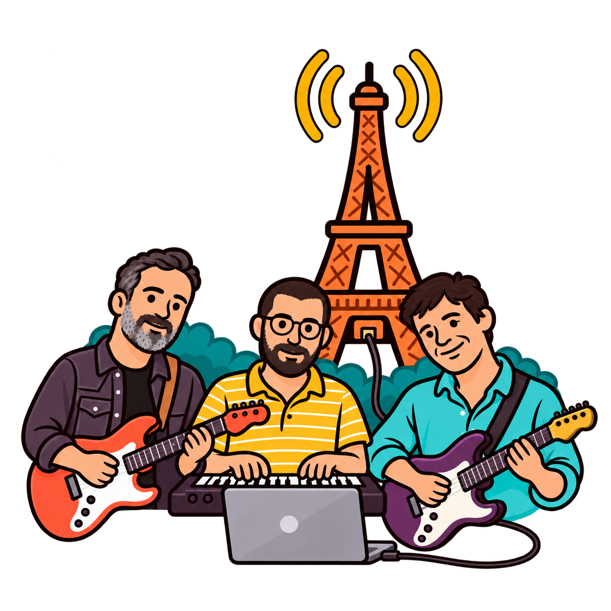 Les trois fondateurs de NuCorder jouent deux guitares et un piano autour d’un ordinateur relié à la tour Eiffel