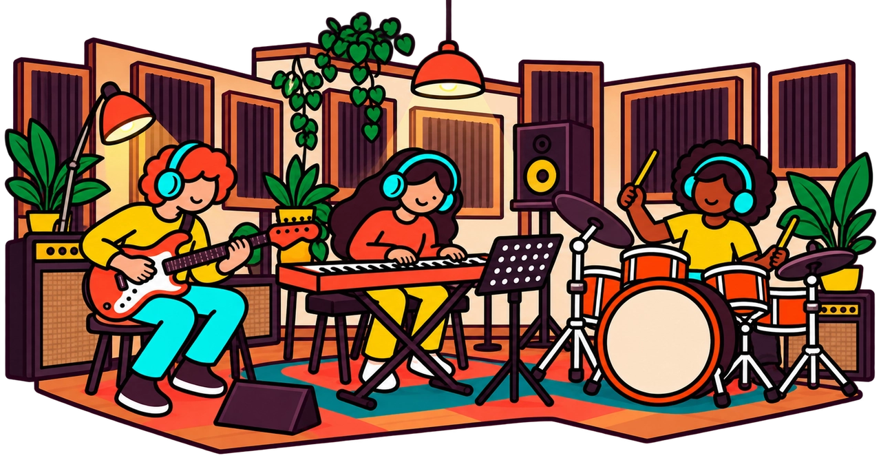 Illustration of three musicians playing together in a rehearsal studio