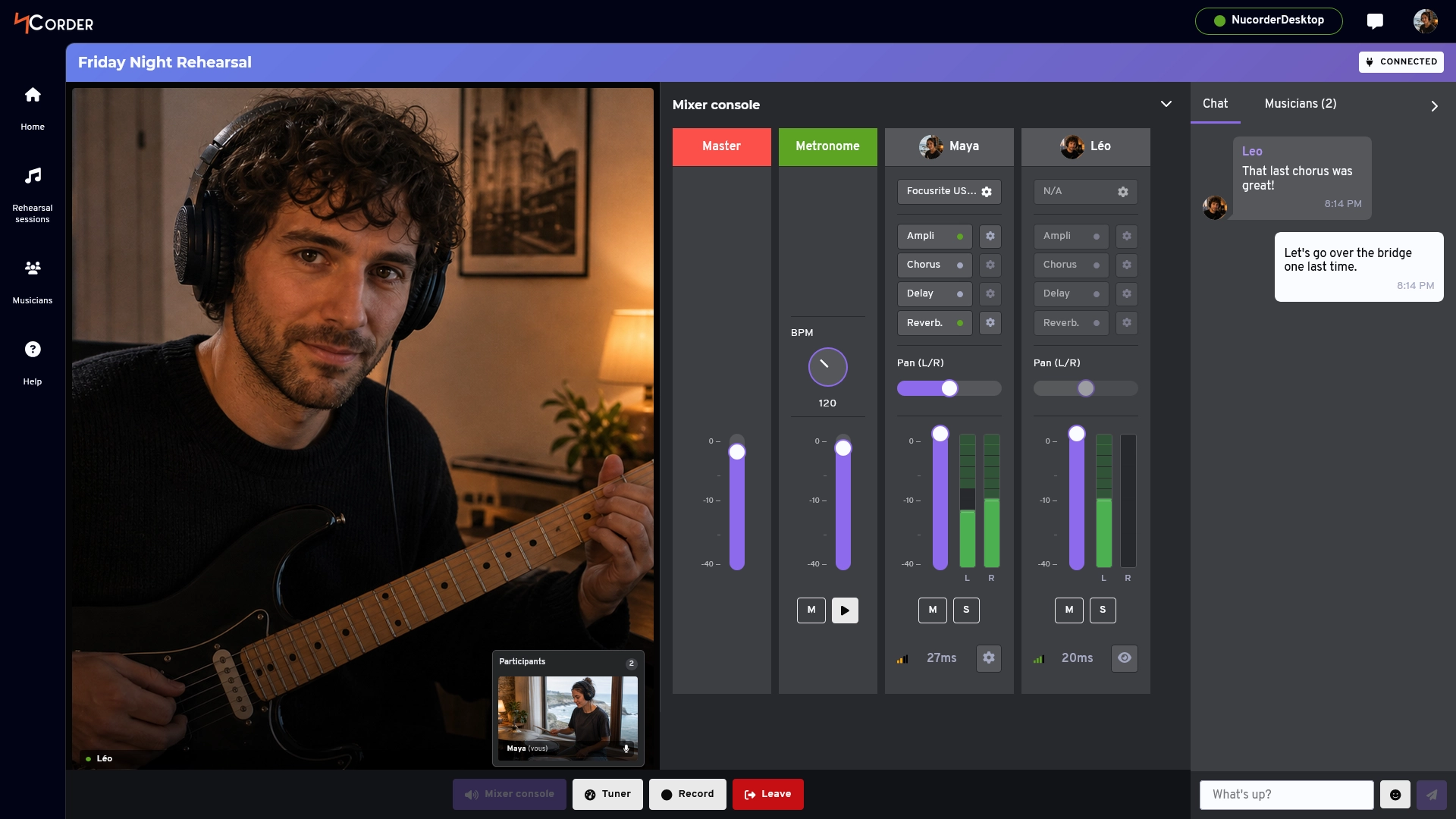 Three musicians rehearse together online from their homes, each with an instrument and a computer.