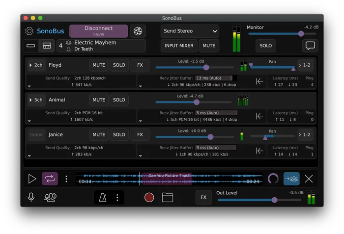 Capture d'écran de l'interface du logiciel Sonobus