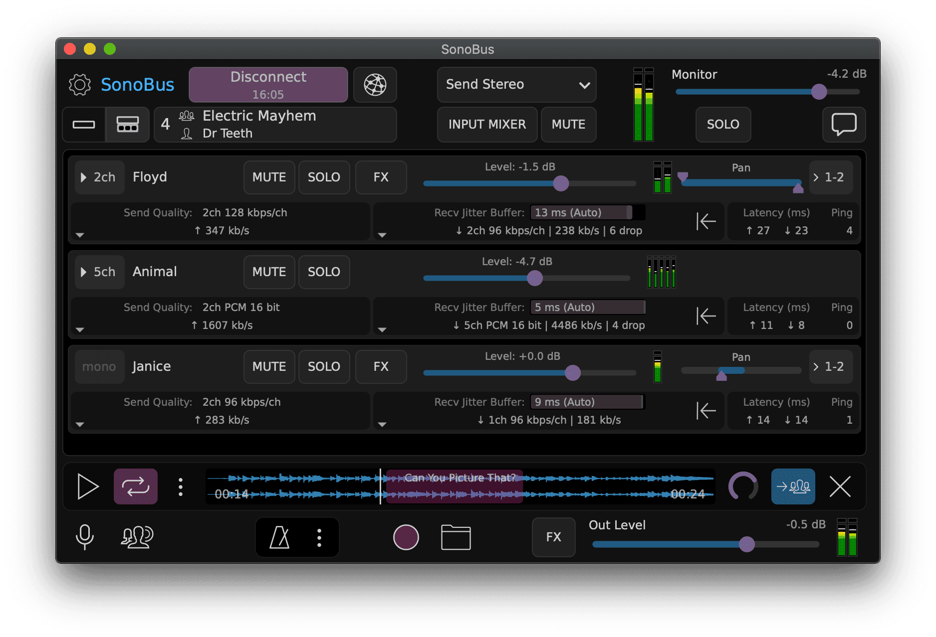 Capture d'écran de l'interface du logiciel Sonobus