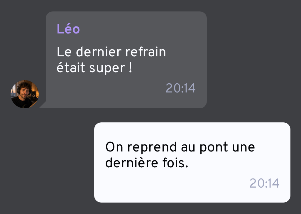 Échange de messages entre deux musiciens dans une salle NuCorder
