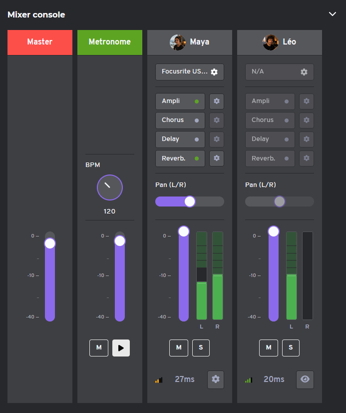NuCorder mixer console showing two musicians’ individual audio settings